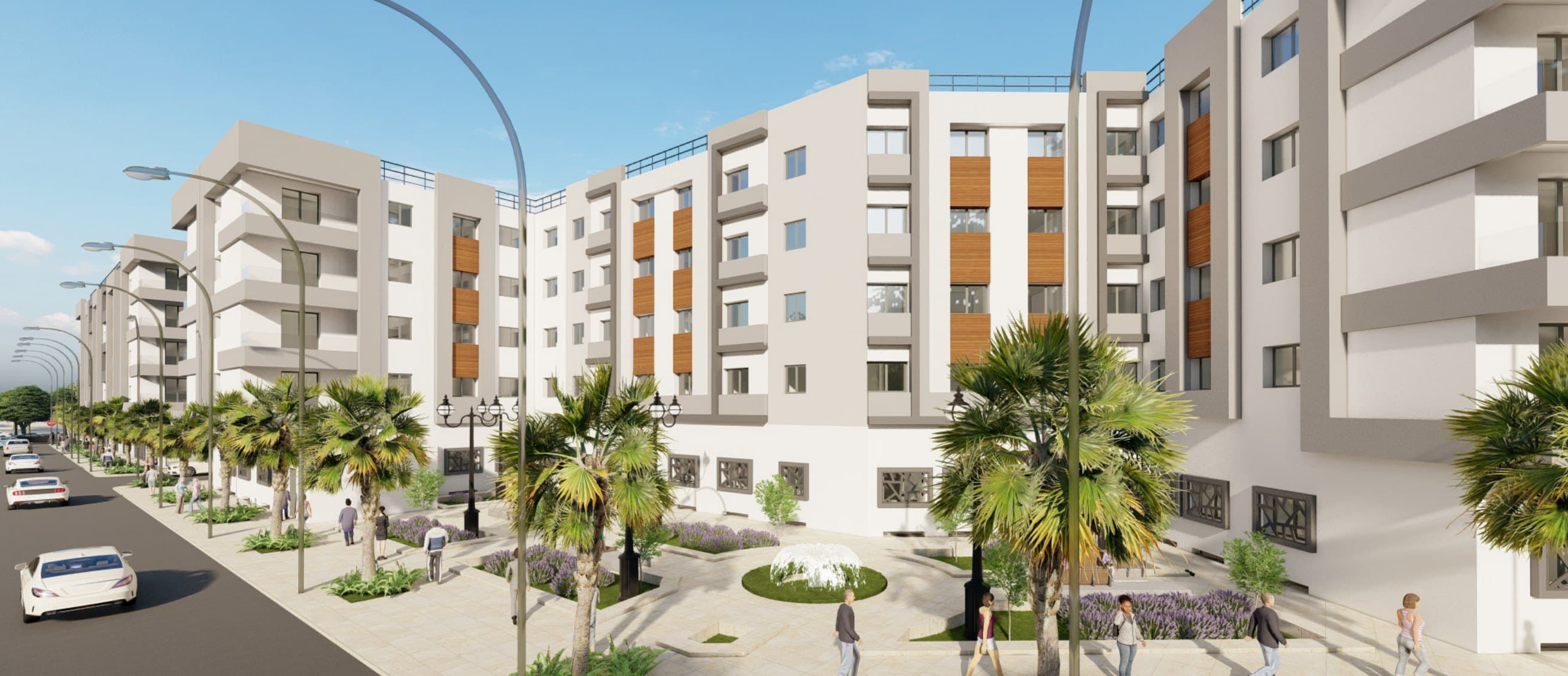 Résidence Salima 5 à Sala Al Jadida — jardins paysagers, fontaine et façades (rendu 3D)